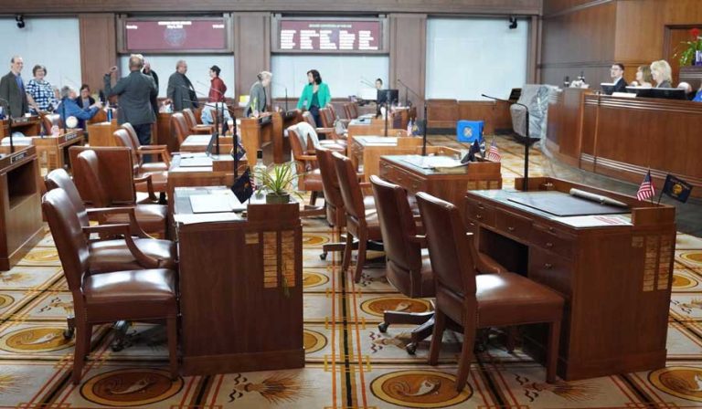 Senators prepare to meet in the Oregon Senate chamber on Saturday, May 6. The Republican-led walkout entered its 18th day on Tuesday. Oregon Capital Chronicle photo by Ben Botkin