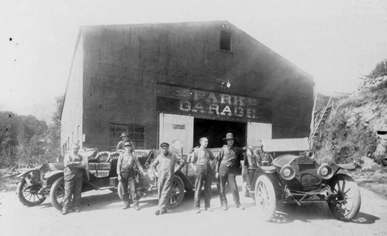 In 1912, the business now called Oak Street Tank & Steel began life as the Park Garage, founded by Simeon "Sim" Morris. In the 1915 photo above, Sim Morris is the man on the right wearing a tall hat. Photo courtesy of Terry Skibby via walkashland.com