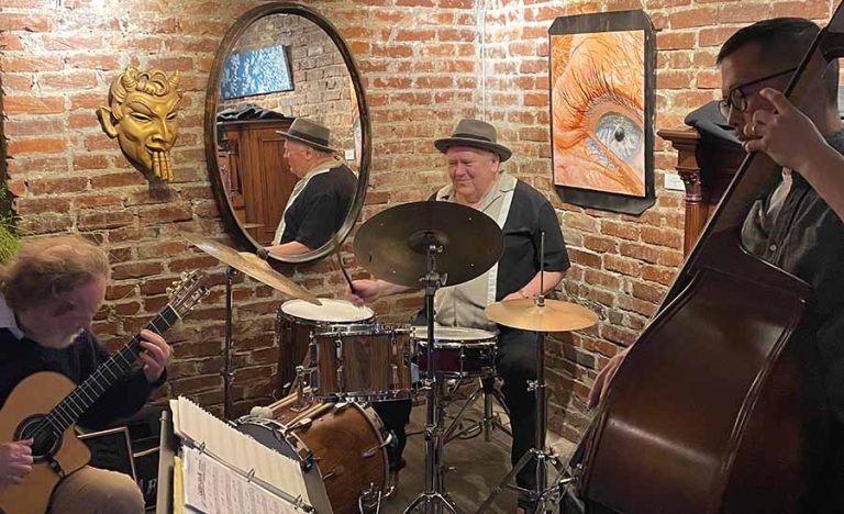 Tom Stamper drums with Mark Turnbull and Sean Chon at Bloomsbury Blends. Jim Coleman photo