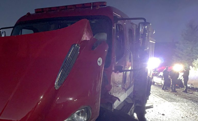 A damaged Jackson County Fire District 5 vehicle sits on Dead Indian Memorial Road outside Ashland early Sunday.
JCSO photo