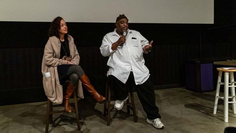 Courtney Williams and Vaun Monroe talk about "Orgin." Ashland.news photo by Bob Palermini