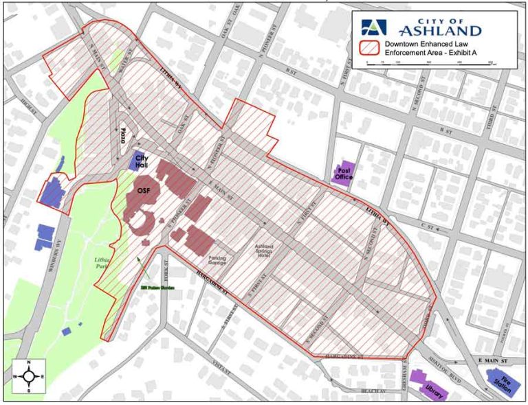 A map of the downtown Ashland Enhanced Law Enforcement Area. Repeat violations of certain ordinances can result in being barred from the area for up to a year.