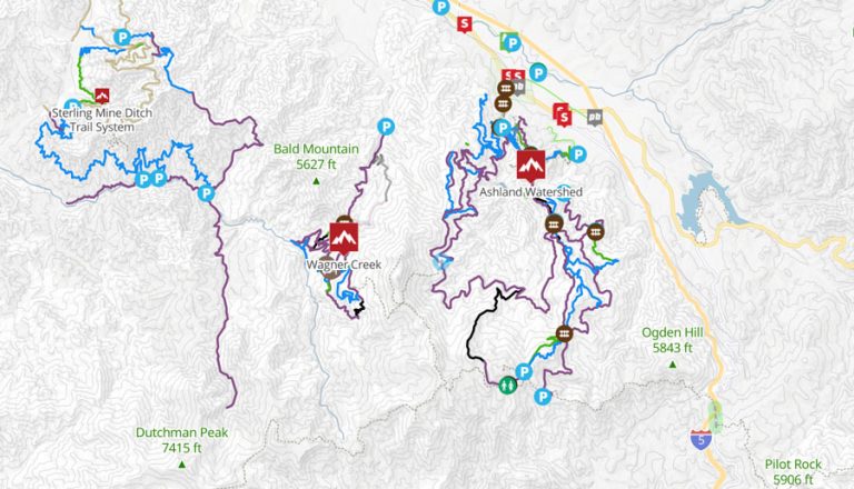 A map on the Rogue Valley Mountain Bike Association website shows a plethora of mountain bike trails in the Ashland, Talent and Applegate areas (from east to west). A proposed new trail would be the first official trail to connect to downtown Ashland where the paved portion of Pioneer Street ends and first official mountain bike trail in Lithia Park. rvmba.org map