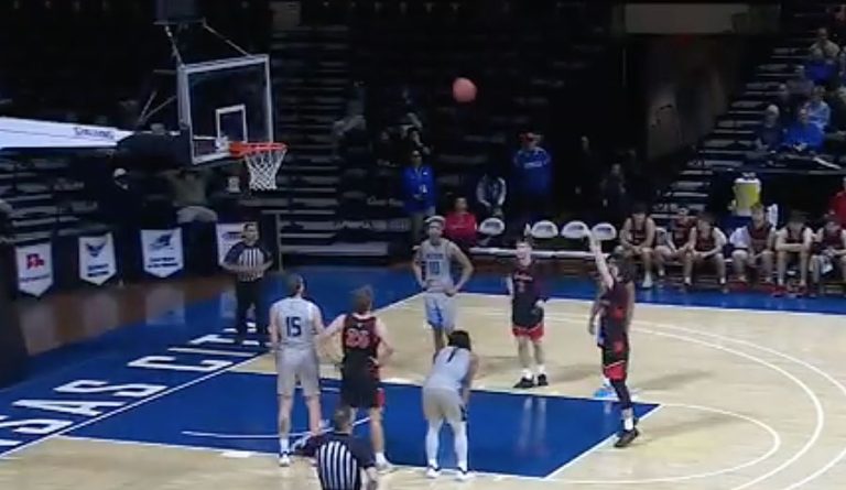 SOU's Mason Whittaker broke a 79-79 tie by hitting back-to-back free throws with 29 seconds left. Screen capture from naianetwork.com video