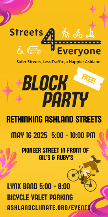 Ashland Climate Collaborative National Bike Month Block Party in front of Gil's & Ruby's Ashland Oregon