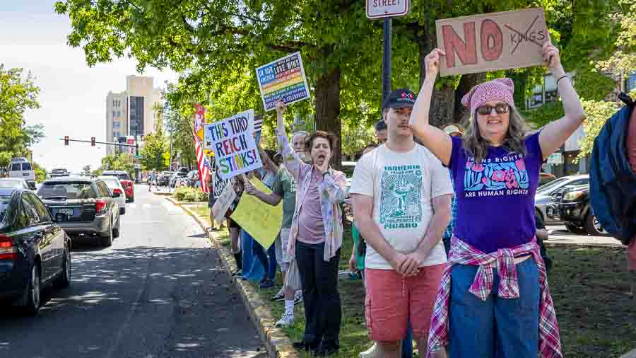 A group of Ashlanders gathered on the Plaza Saturday for a No Kings protest. Ashland.news photo by Bob Palermini