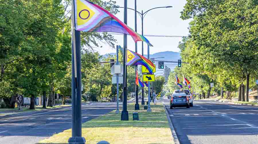 Twenty-five Intersex Pride flags lined Siskiyou Boulevard from 7 a.m. to 7 p.m. Saturday, June 28, in recognition of Pride Month. Ashland.news photo by Bob Palermini