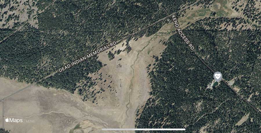 The site of the rock quarry swimming hole on Keno Access Road east of Dead Indian Memorial Road is marked with a heart at right center in this image taken from the PulsePoint app. Apple Maps map via PulsePoint