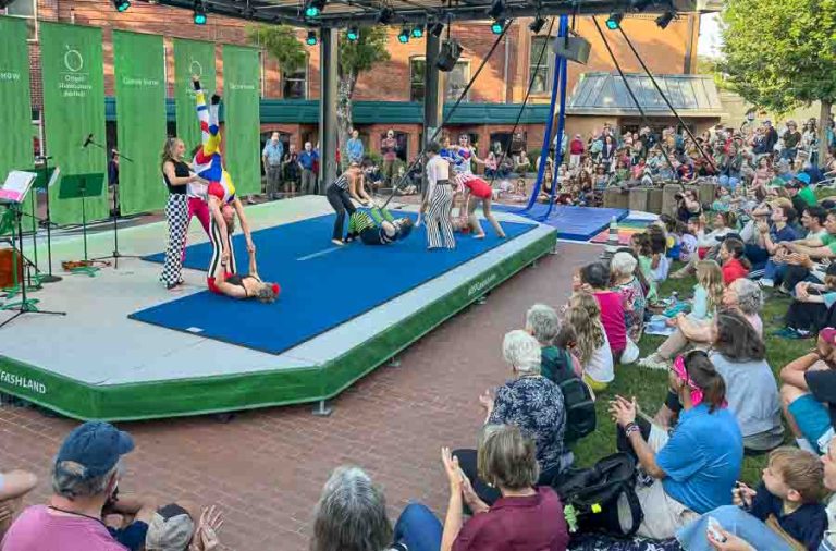 Students from Ashland Aerial Arts kicked off the Green Show season at the Oregon Shakespeare Festival Friday. Shows continue five days a week through Sept. 27. Ashland.news photo by Bob Palermini