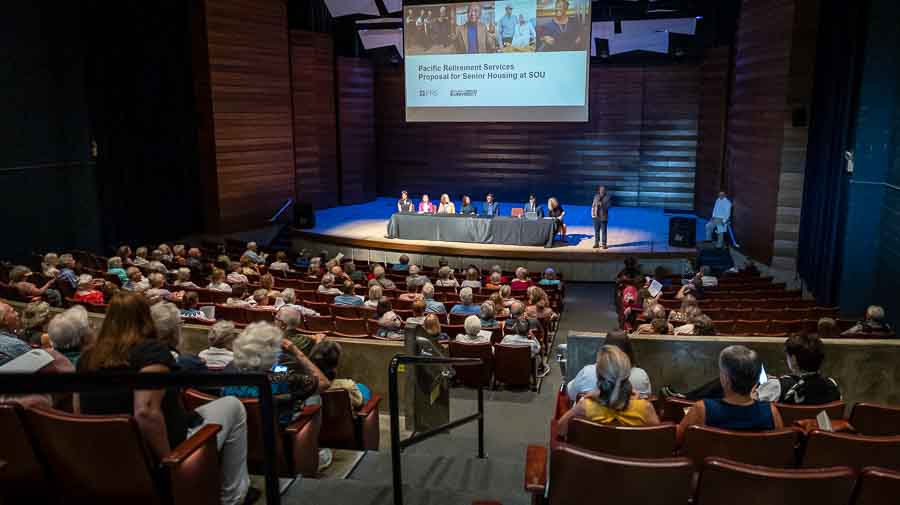 SOU President Dr. Richard Bailey kicked off the first of two public sessions with potential partner companies being considered to develop senior housing on the university campus. Ashland.news photo by Bob Palermini