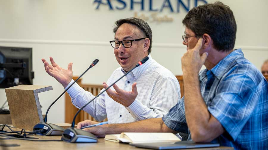 SOU General Counsel Rob Patridge (left) was part of the team that presented the 2025 SOU Facilities Master Plan to the City Council on Tuesday. Ashland.news photo by Bob Palermini