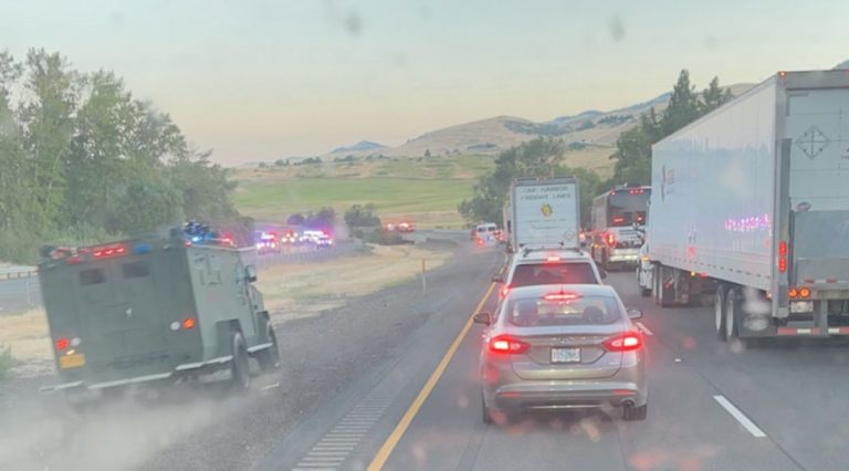 An armored law enforcement vehicle makes it way to the site of a shooting incident on Interstate 5 near mile marker 15 just outside Ashland early Saturday morning in this photo posted by Aaron Dykstra on Facebook.