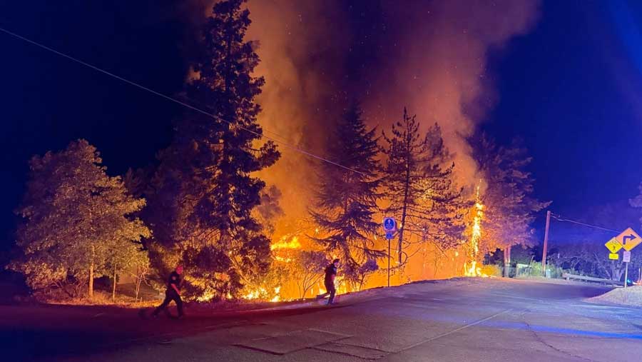 A vehicle rolled and caught fire, setting a nearby house and vegetation on fire early Friday off Grandview Drive in Ashland. Ashland Fire & Rescue photo