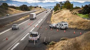 Members of the public were able to use the emergency escape ramp onto southbound Interstate 5 from North Mountain Avenue during the Oct. 11 evacuation drill. Oregon Department of Transportation and Ashland Streets Department workers opened the ramp, allowing residents to experience the escape route for the first time.  Ashland.news photo by Bob Palermini