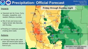 A graphic posted by the National Weather Service Medford office shows Ashland in light green, meaning it can expect to receive about a half-inch of rain from Friday through Sunday night.
