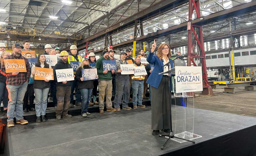 Republican Christine Drazan launches her campaign for governor at Gunderson Marine & Iron in Portland on Monday, Oct. 27. Oregon Capital Chronicle photo by Shaanth Nanguneri
