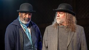 Derrick Lee Weeden (left) and Ray Porter during a dress rehearsal for "Waiting for Godot," which opened Oct. 16 at the Richard L. Hay Center at the Grizzly Peak Winery. Ashland.news photo by Bob Palermini