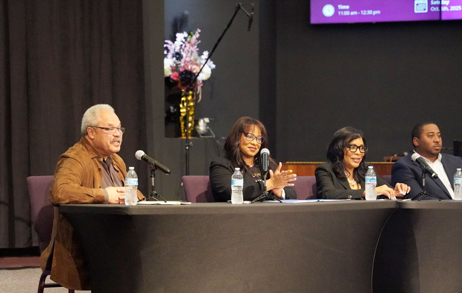 rom left, State Sen. Lew Frederick, U.S. Rep. Janelle Bynum, and Portland City Councilor Loretta Smith discuss the impacts of Trump policies on Oregonians of color at a Black Community Town Hall in Portland on Saturday, Oct. 25, 2025. (Photo by Alex Baumhardt for the Oregon Capital Chronicle