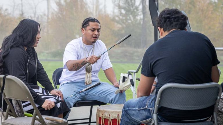Wocus Boyzof the Confederated tribes of the Siletz and the Klamath tribes provided music for the event Saturday in Phoenix. Ashland.news photo by Bob Palermini