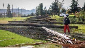 Heavy winds took down one side of the fencing at the driving range at Ashland’s Oak Knoll Golf Course Tuesday. Ashland.news photo by Bob Palermini