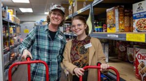 Outgoing Ashland Community Food Bank Executive Director Amey Broeker, left, poses with incoming Executive Director Catie Mahoney in the storage room at the food bank’s building on Clover Lane. Mahoney started with the food bank on Nov. 3. Ashland.news photo by Bob Palermini