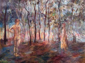 Searching for the Phoenix, oil on wood; by Abby Lazerow