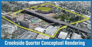 A new artist's rendering of the proposed Creekside Quarter redevelopment project in Medford shows a parking structure, additional parking and a creekside walkway. Hawthorne Park, where a new baseball stadium could be built, is pictured at upper middle to middle right. The Lithia & Driveway headquarters is pictured at bottom left. Courtesy image