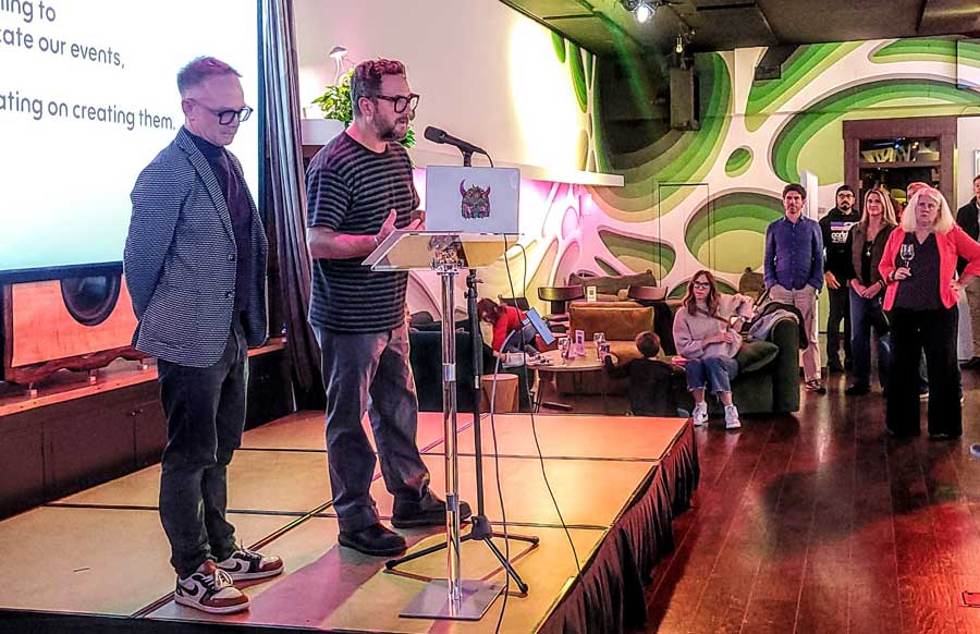Thor Muller and Matt Hoffman speak at the app's launch Wednesday, Nov. 19, at the White Rabbit Clubhouse. Art Van Kraft photo for Ashland.news