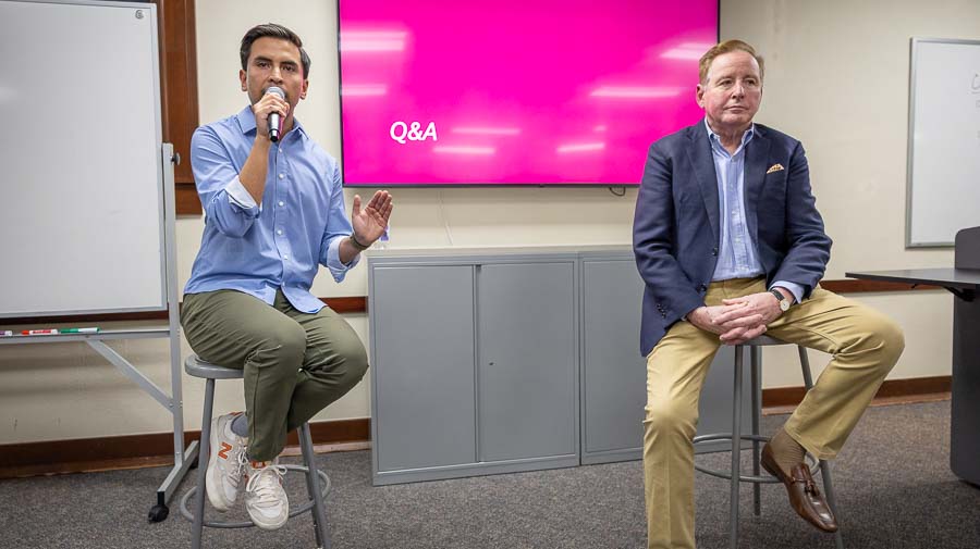 Javi Dubon and Rudd Johnson answer audience questions in the packed Gresham Room at the Ashland Public Library on Monday. Ashland.news photo by Bob Palermini