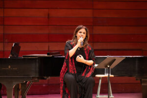 Shireen Abu-Khader performs at the SOU Music Recital Hall. Abu-Khader is a Palestinian-Jordanian-Canadian choral leader, vocalist and composer-arranger of Middle Eastern music. Photo © 2025 Gabriel Ramirez Photography