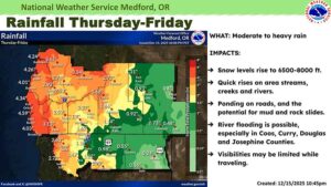 The National Weather Service said the areas in and around Ashland could see over an inch and a half of rain Thursday and Friday. National Weather Service, Medford image