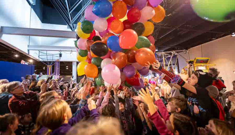 Kids get excited at the ScienceWorks Noon Year's Eve Balloon Drop. This year's drop begins at 12 noon on Wednesday, Dec. 31, at the Ashland museum. Ashland.news photo by Bob Palermini