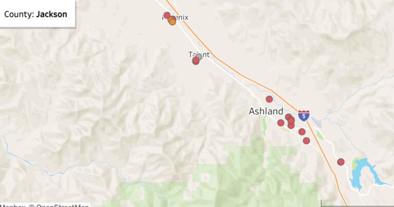 An Oregon Health Authority map showing school vaccination rates shows beige dots for those schools with the recommended 95% or greater rate for all school required vaccines, orange dots for those with 90% up to 95%, and red dots for those with less than 90%. All Ashland and Talent schools are red (except one gray dot with insufficient data).